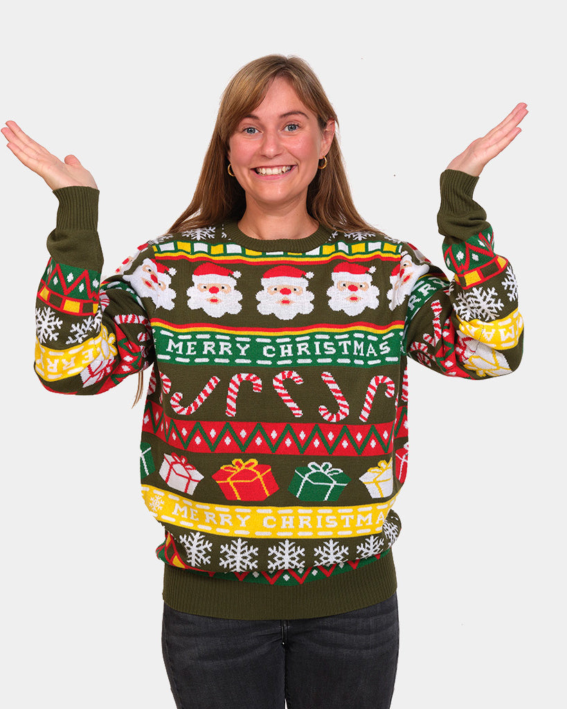 Womens Green Family Christmas Jumper with Santa and Gifts