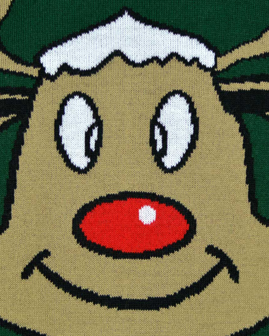 Green Family Christmas Jumper with Smiling Reindeer Detail