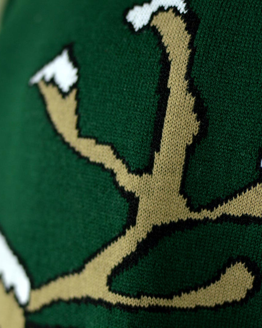 Green Family Christmas Jumper with Smiling Reindeer Detail Snow