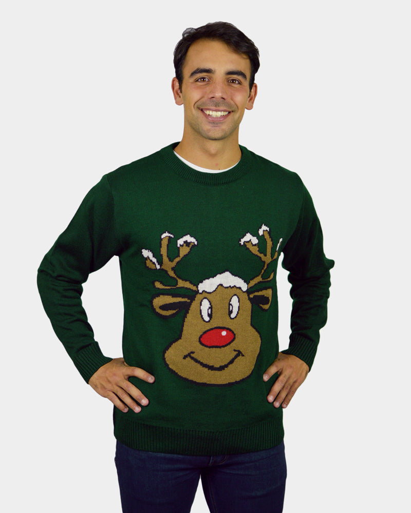 Green Family Christmas Jumper with Smiling Reindeer Mens
