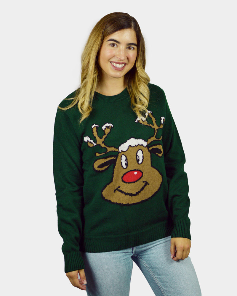 Green Family Christmas Jumper with Smiling Reindeer Womens
