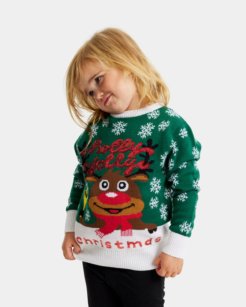 Green Girls Christmas Jumper Holly Jolly with Sequins