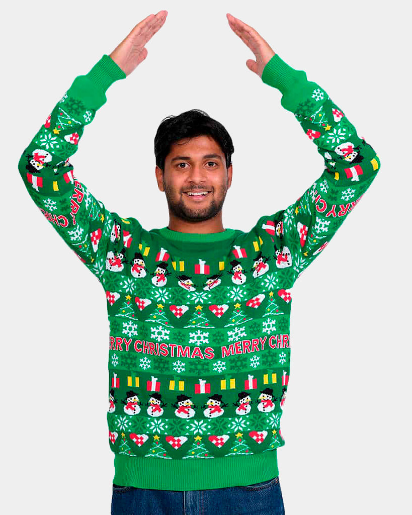 Mens Green Organic Cotton Christmas Jumper with Trees and Snowmens
