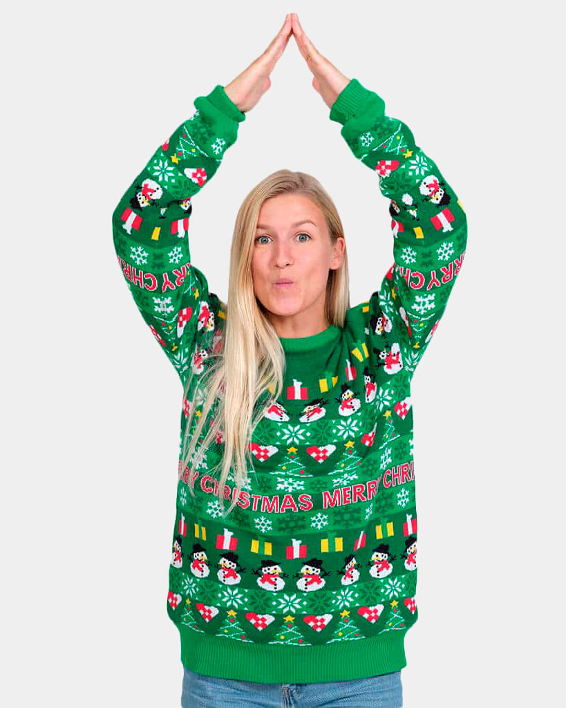 Womens Green Organic Cotton Christmas Jumper with Trees and Snowmens