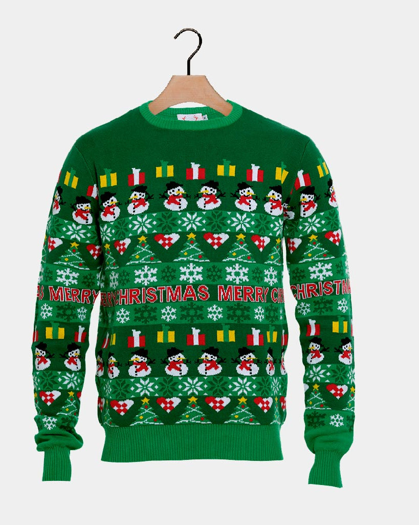 Green Organic Cotton Christmas Jumper with Trees and Snowmens