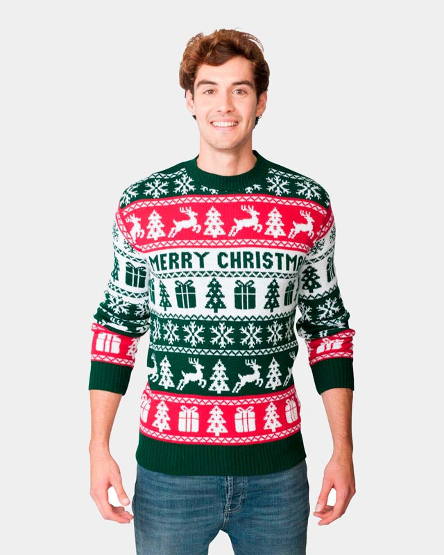 Green, Red and White Strips Christmas Jumper Mens