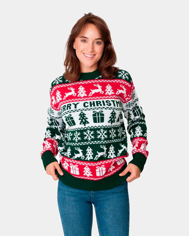Womens Green, Red and White Strips Christmas Jumper