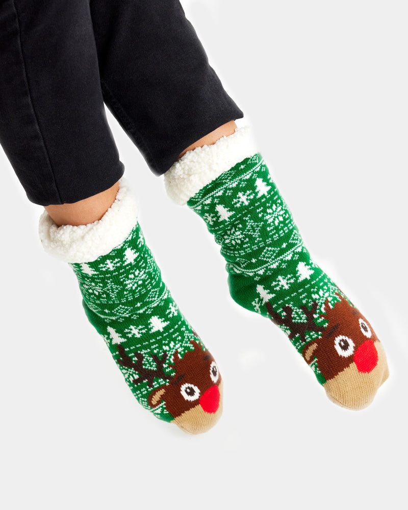 Green Rubber Sole Christmas Socks with Trees and Reindeer Womens and Mens