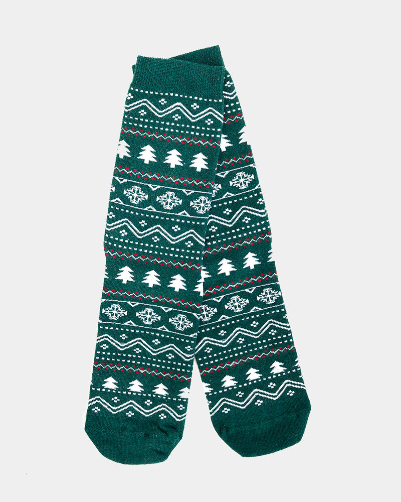 Green Unisex Christmas Socks with Trees and Snow