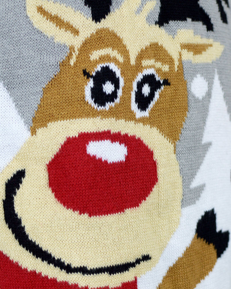 Grey Organic Cotton Cute Reindeers Christmas Jumper Detail