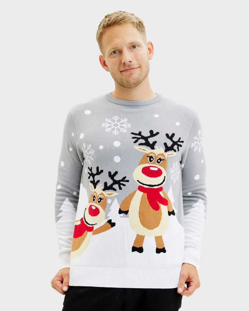 Grey Organic Cotton Cute Reindeers Family Christmas Jumper Mens