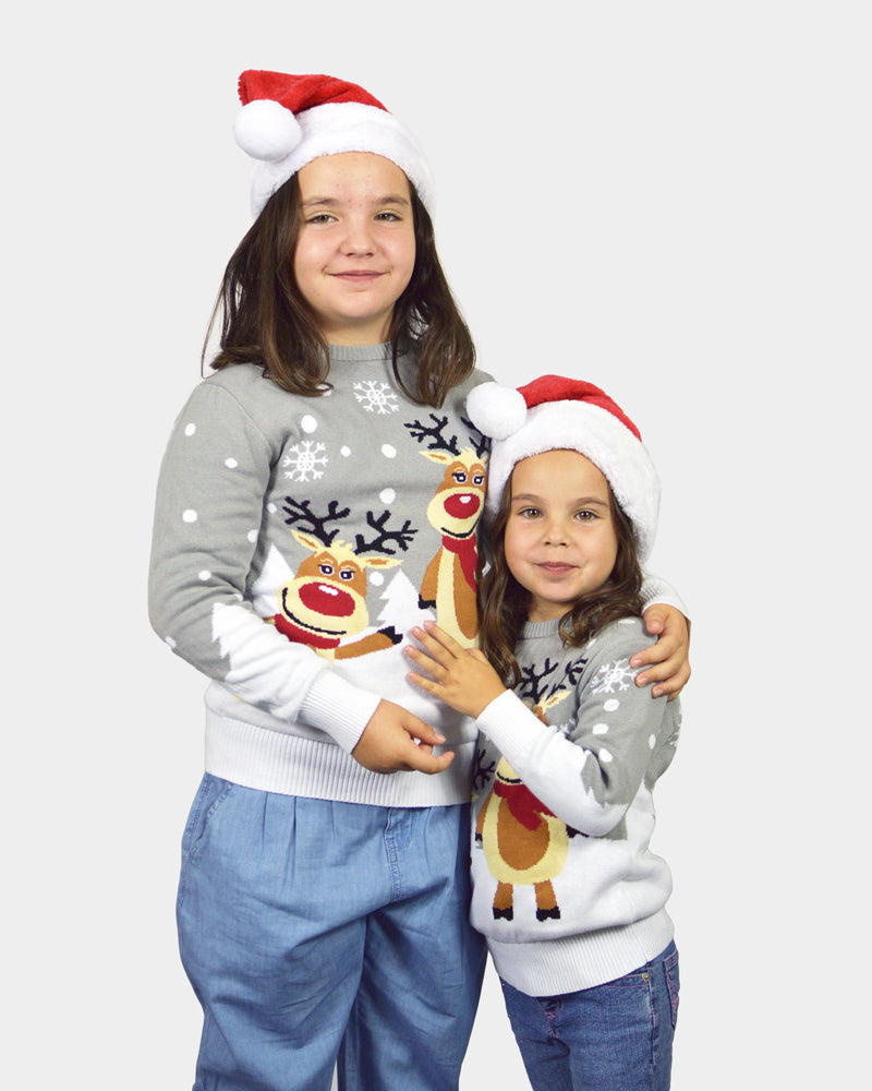 Grey Organic Cotton Girls Christmas Jumper with Cute Reindeers