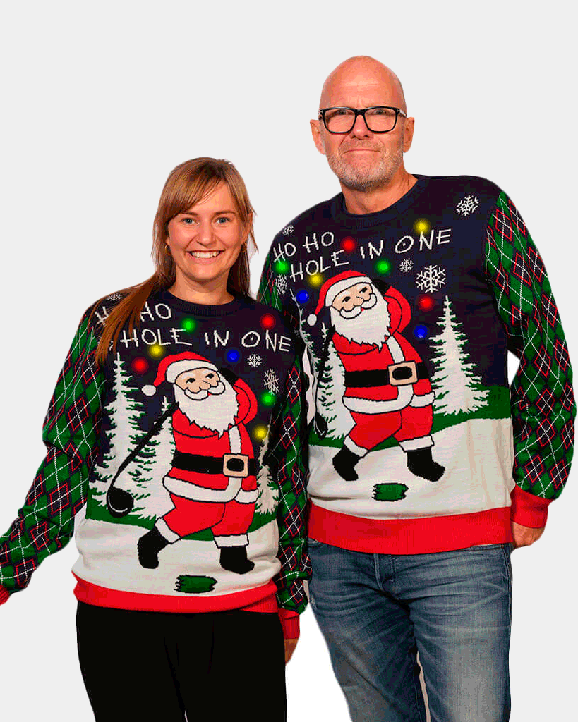 LED light-up Christmas Jumper with Santa playing Golf Couple