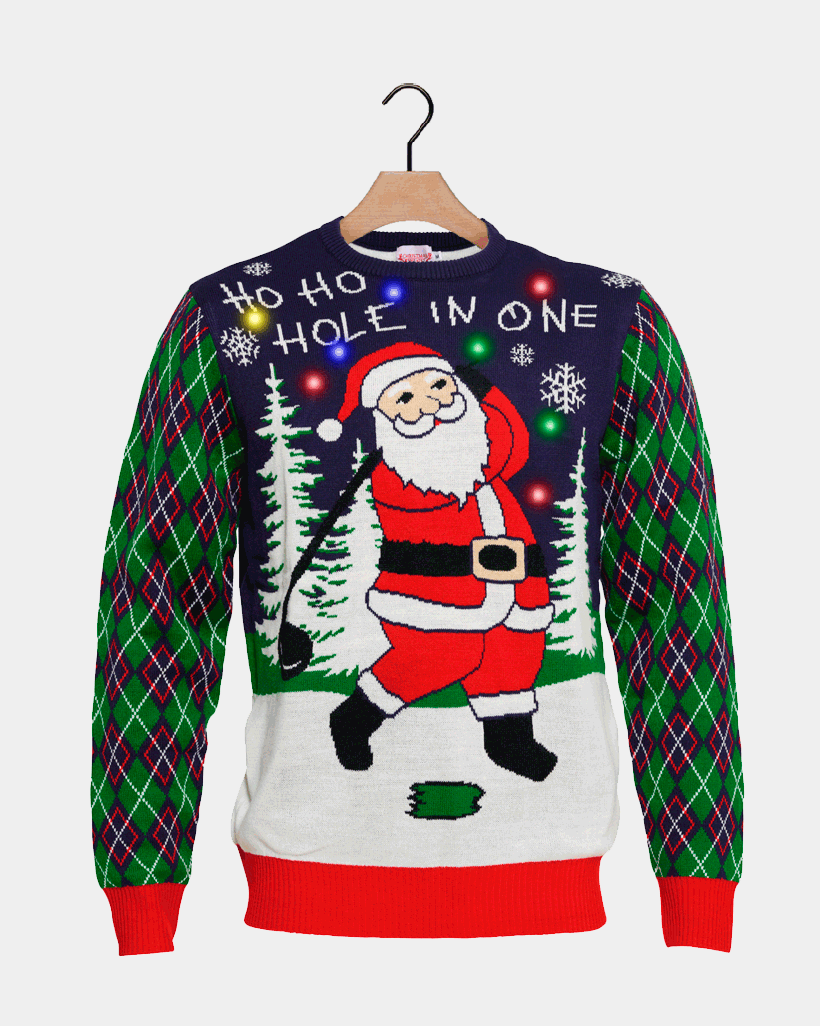 LED light-up Christmas Jumper with Santa playing Golf