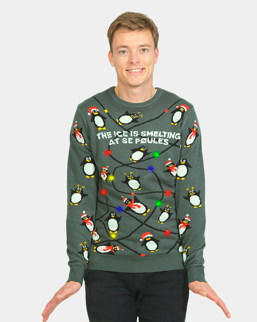 Mens LED light-up Family Christmas Jumper with Penguins