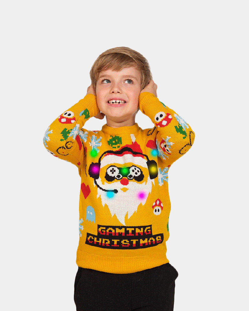 Boys LED light-up Family's Christmas Jumper with Santa Gamer