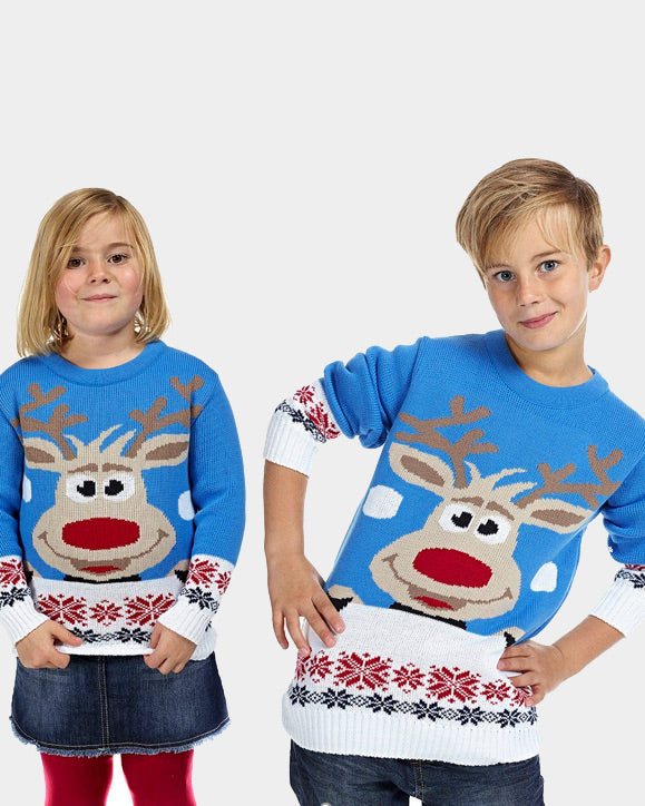Light Blue Boys and Girls Christmas Jumper with Reindeer and Snow Kids
