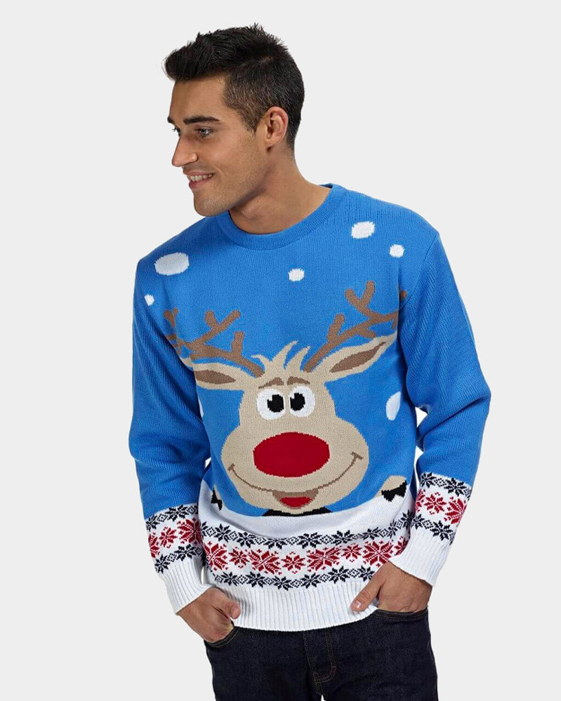 Light Blue Christmas Jumper with Reindeer and Snow Mens