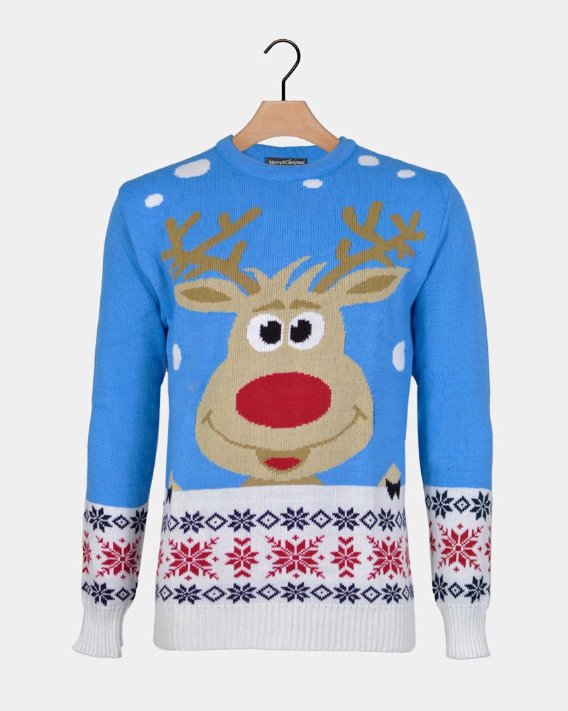 Light Blue Christmas Jumper with Reindeer and Snow