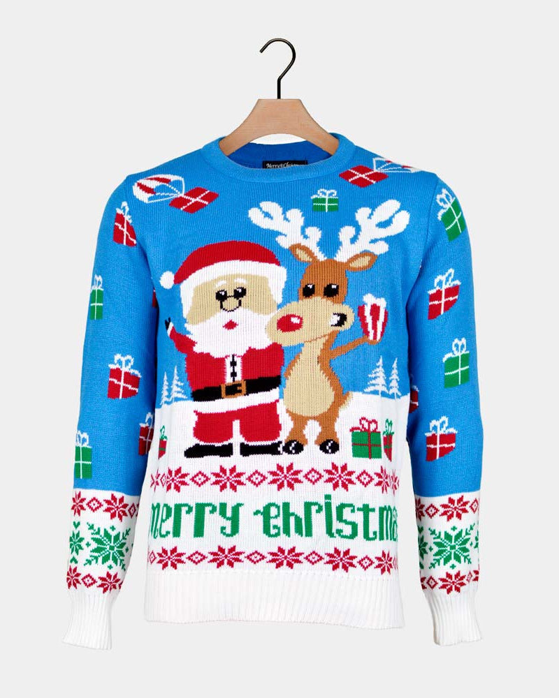 Light Blue Christmas Jumper with Santa and Rudolph