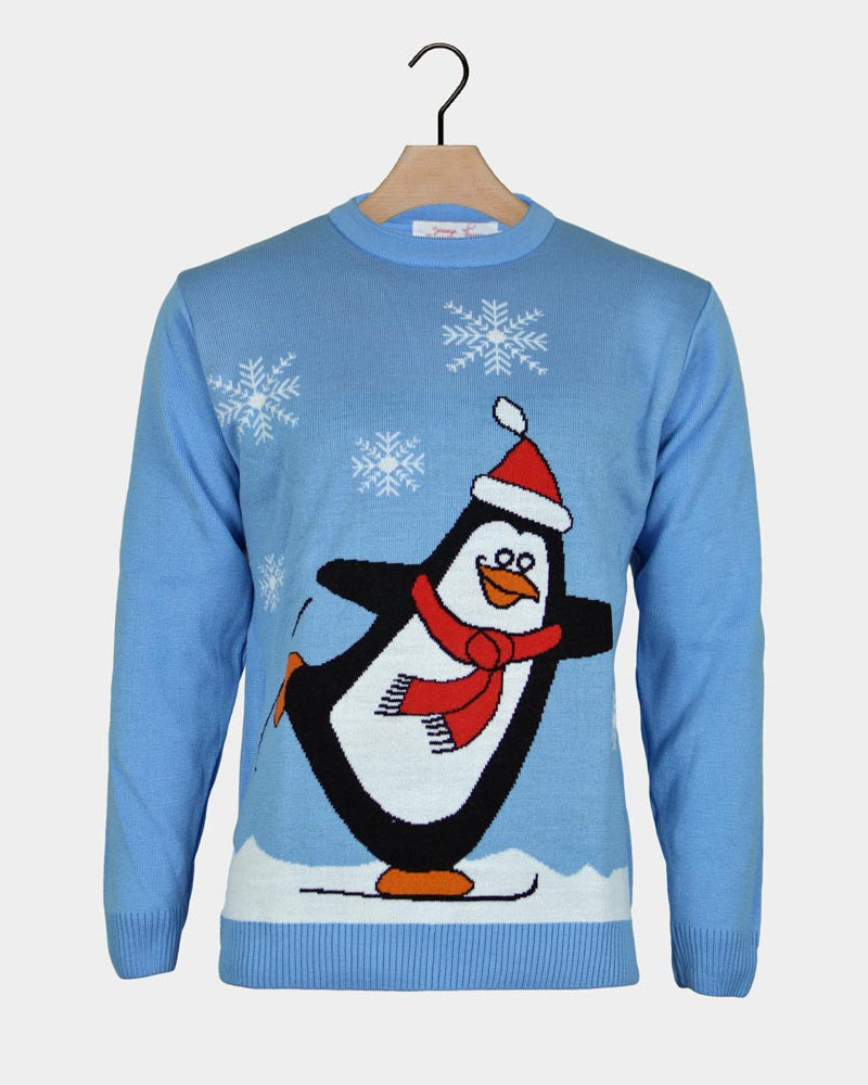 Light Blue Family Christmas Jumper with Penguin
