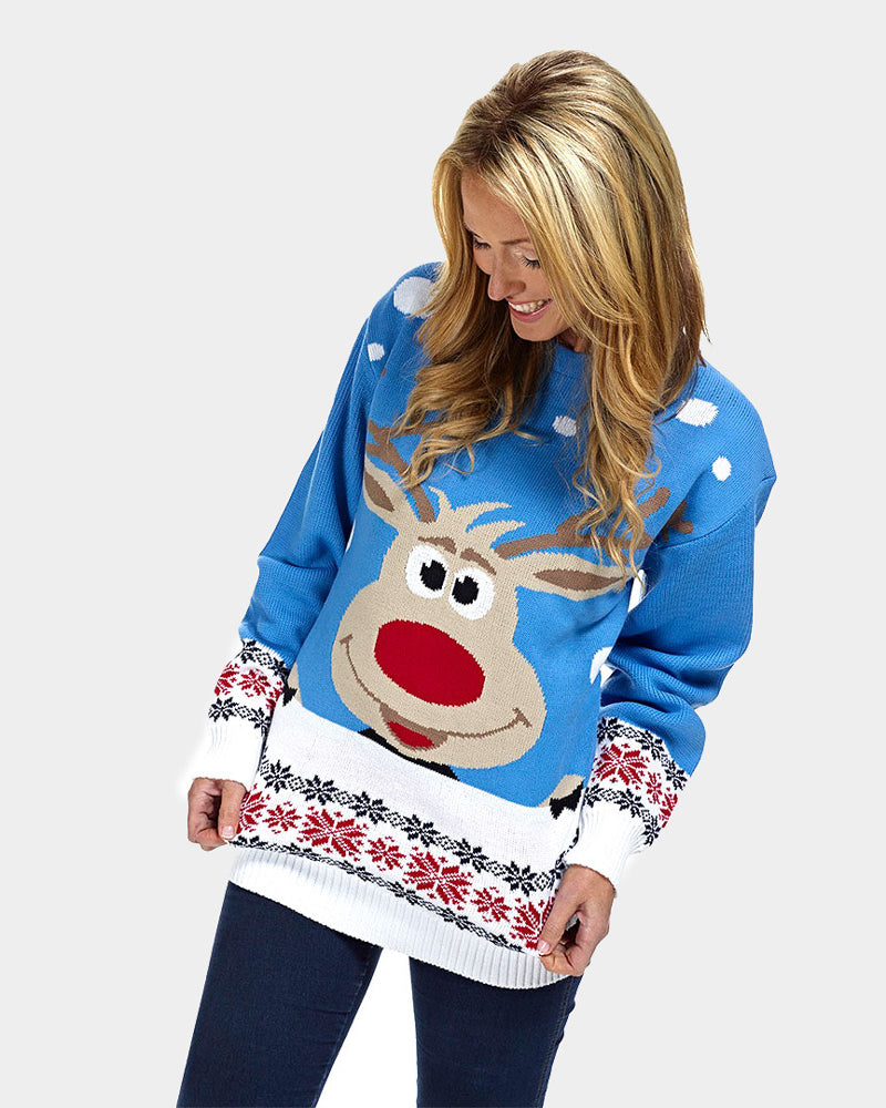 Womens Light Blue Family Christmas Jumper with Reindeer and Snow