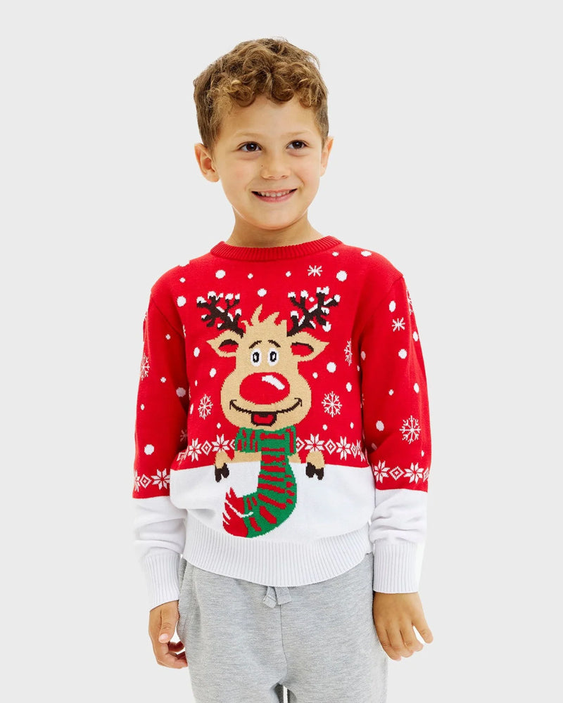 Organic Cotton Boys and Girls Christmas Jumper Reindeer with Scarf Kids