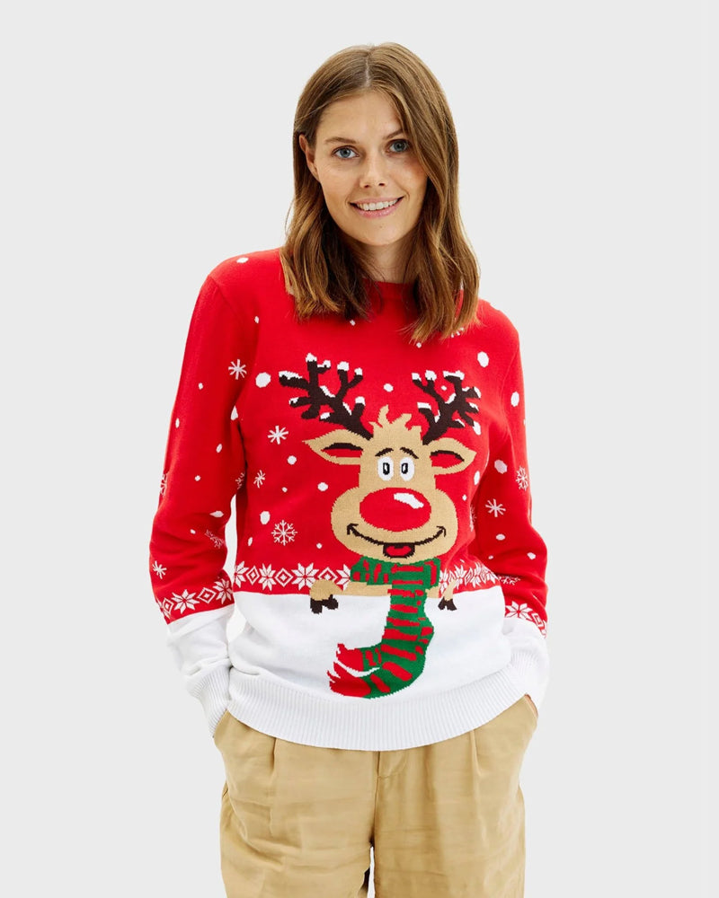 Organic Cotton Christmas Jumper Reindeer with Scarf Womens