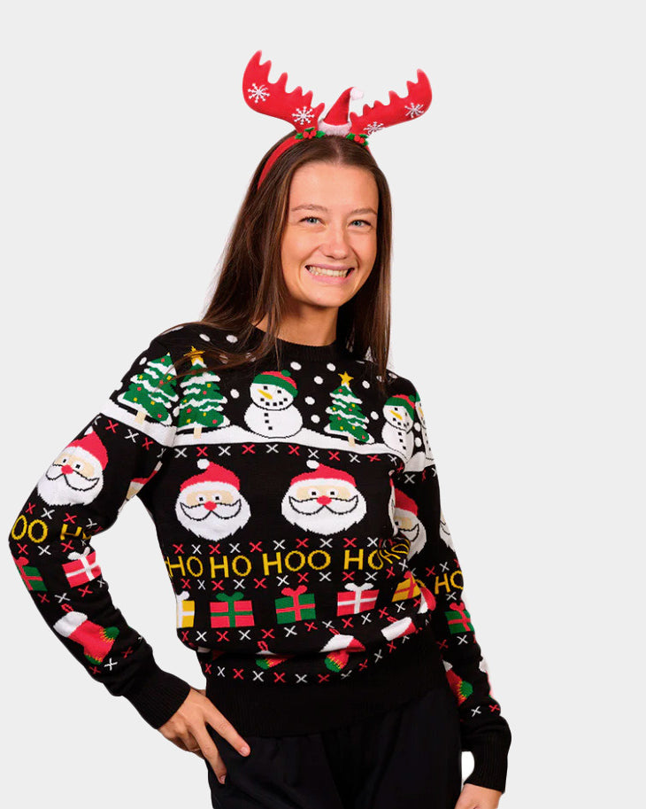 Organic Cotton Christmas Jumper with Santa, Gifts and Snowmens Womens