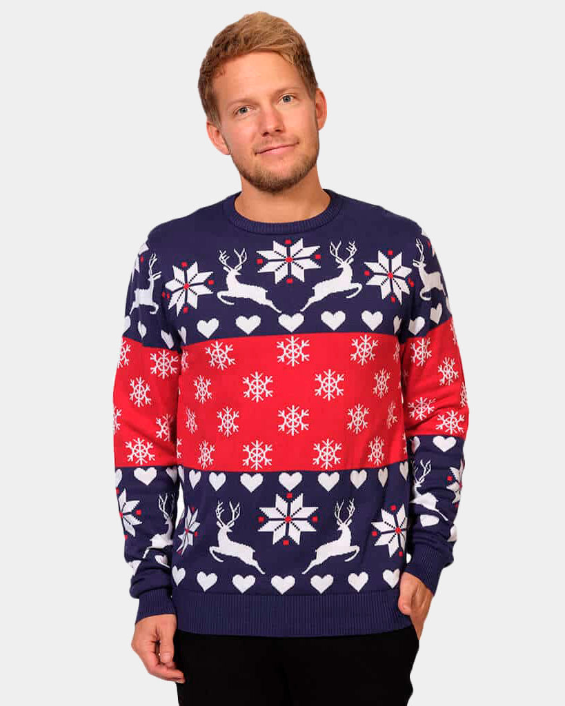 Mens Red and Blue Christmas Jumper with Reindeers and Hearts