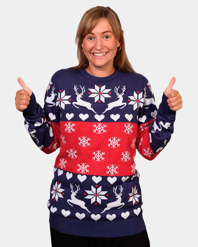 Womens Red and Blue Family Christmas Jumper with Reindeers and Hearts