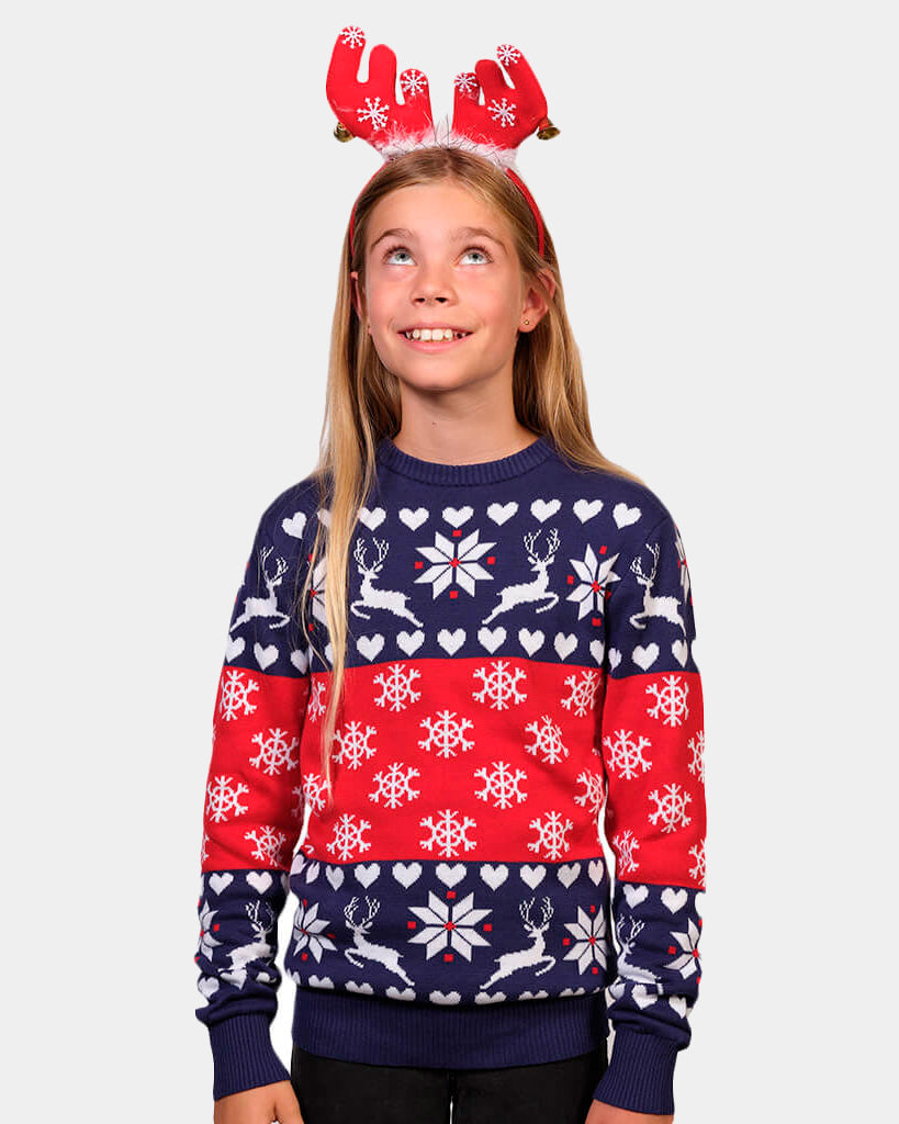 Red and Blue Girls Christmas Jumper with Reindeers and Hearts