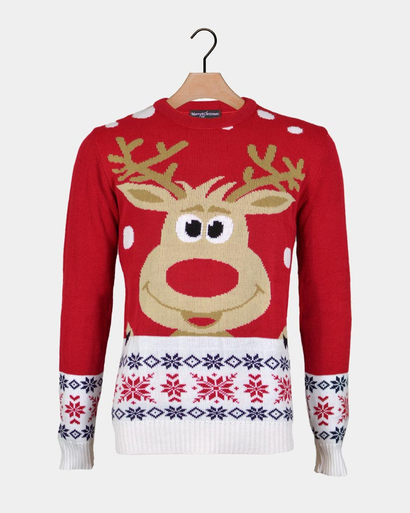 Red Boys and Girls Christmas Jumper with Reindeer and Snow