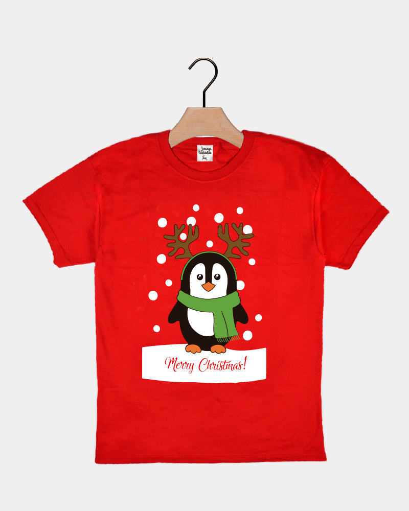 Red Boys and Girls Christmas T-Shirt with Penguin