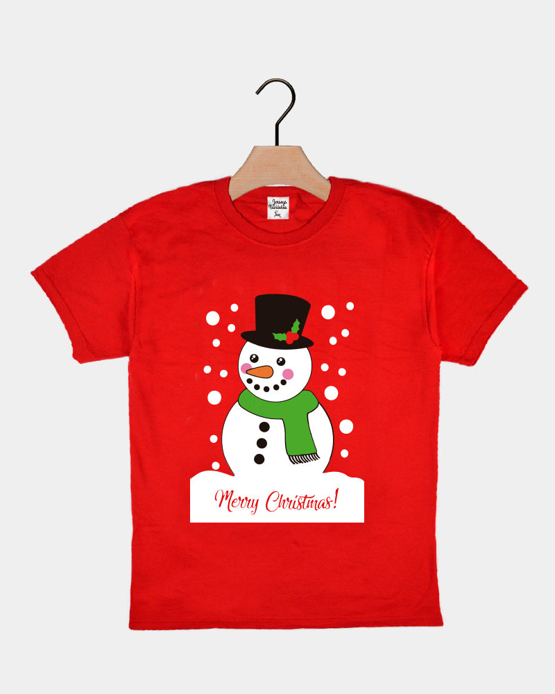 Red Boys and Girls Christmas T-Shirt with Snowman