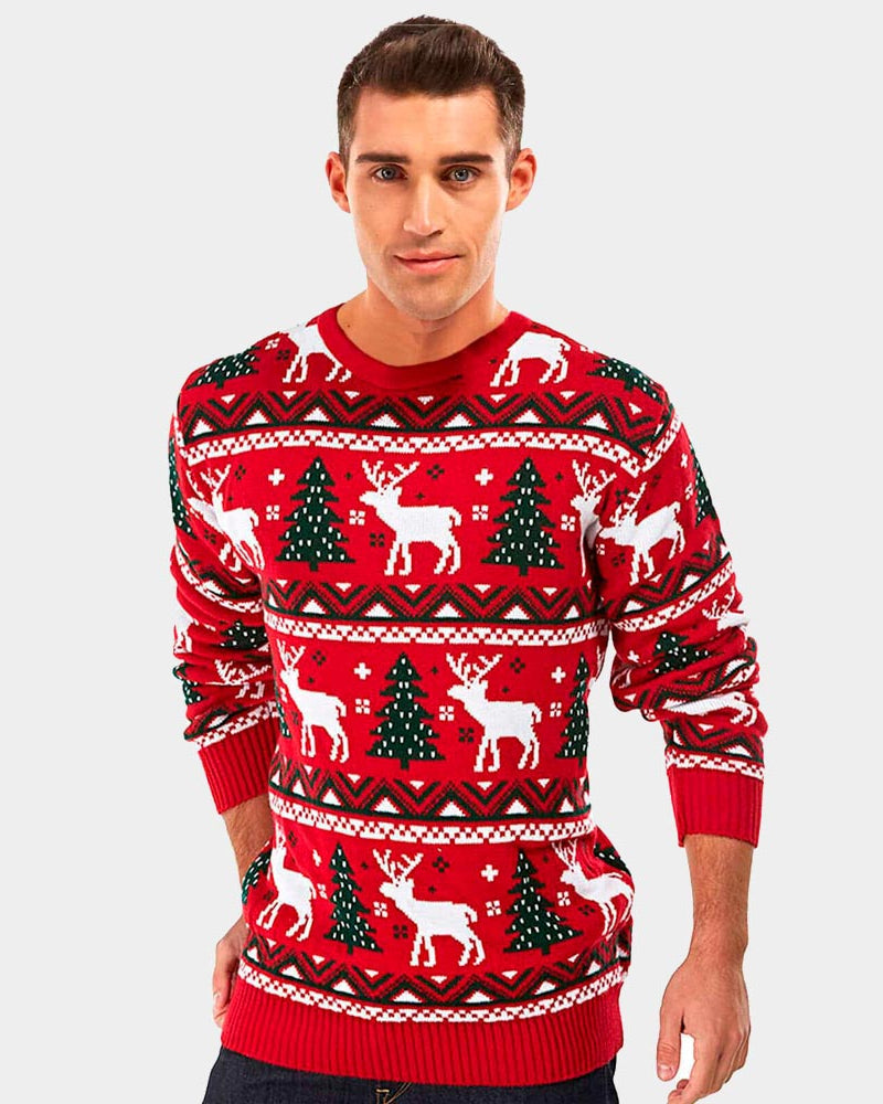 Mens Red Christmas Jumper with Reindeers and Christmas Trees 2021