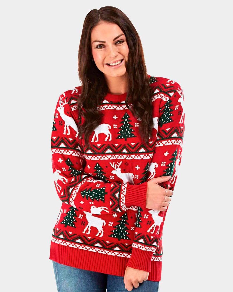 Womens Red Christmas Jumper with Reindeers and Christmas Trees 2021