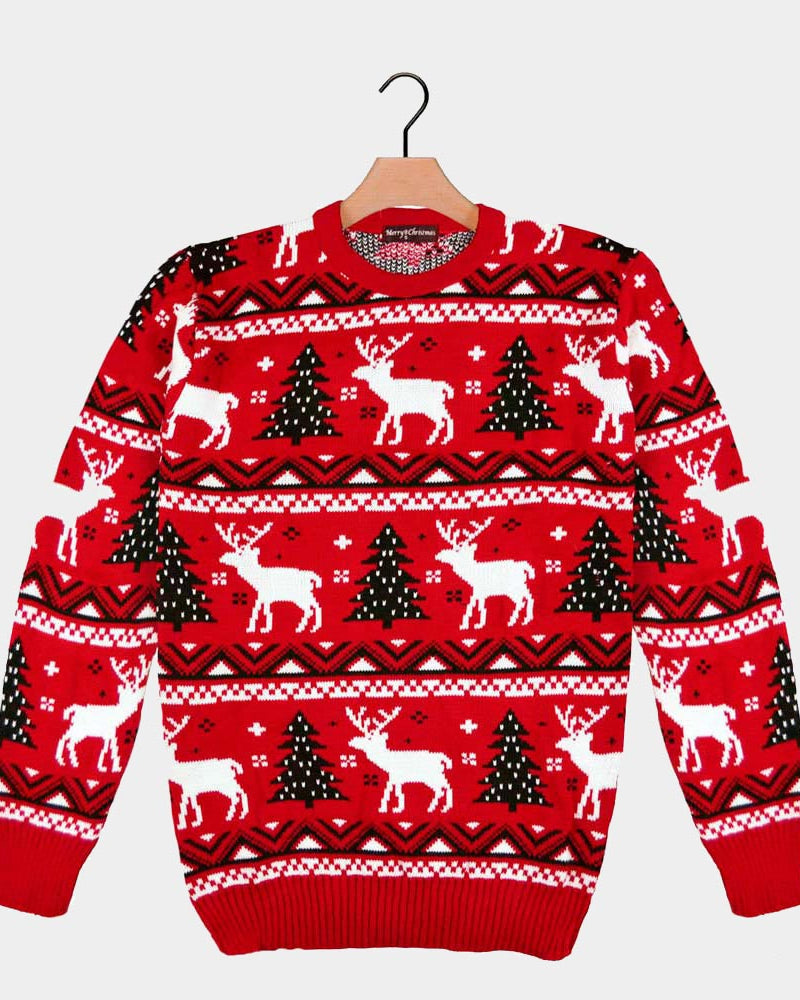 Red Christmas Jumper with Reindeers and Christmas Trees 2021