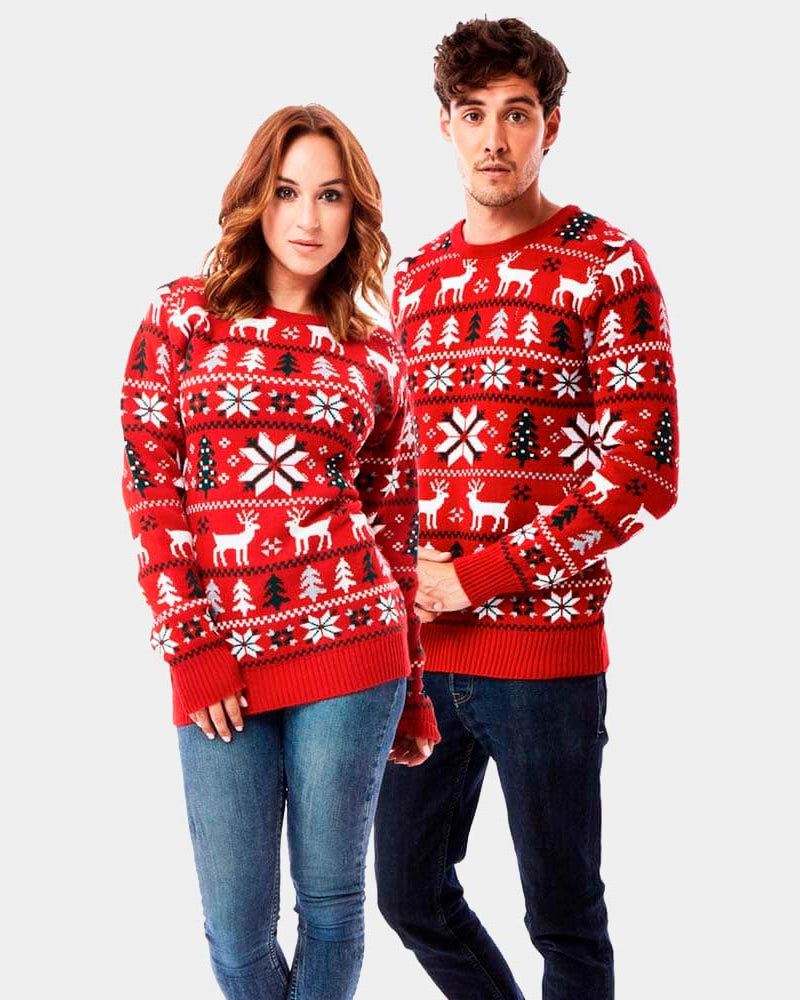 Couples Red Christmas Jumper with Reindeers, Trees and Polar Star 2021