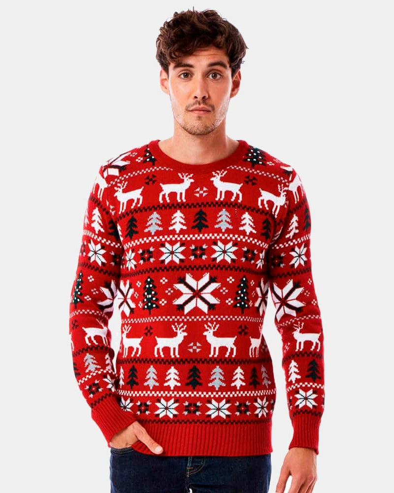 Mens Red Christmas Jumper with Reindeers, Trees and Polar Star 2021