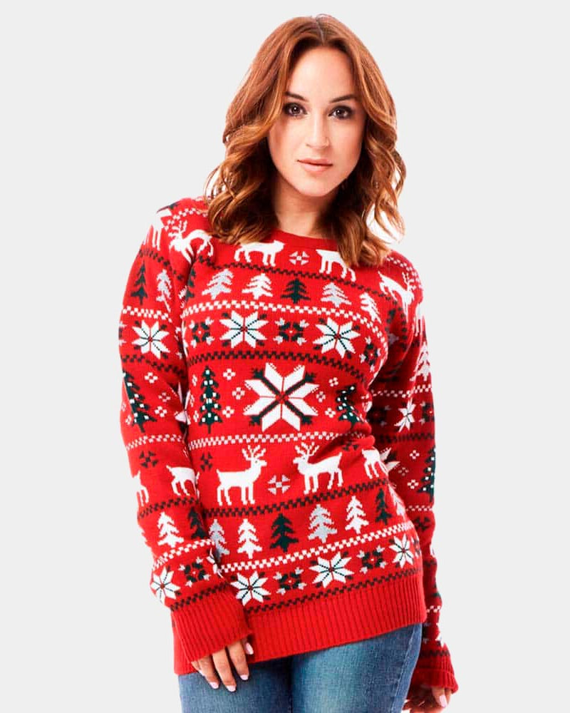 Womens Red Christmas Jumper with Reindeers, Trees and Polar Star 2021