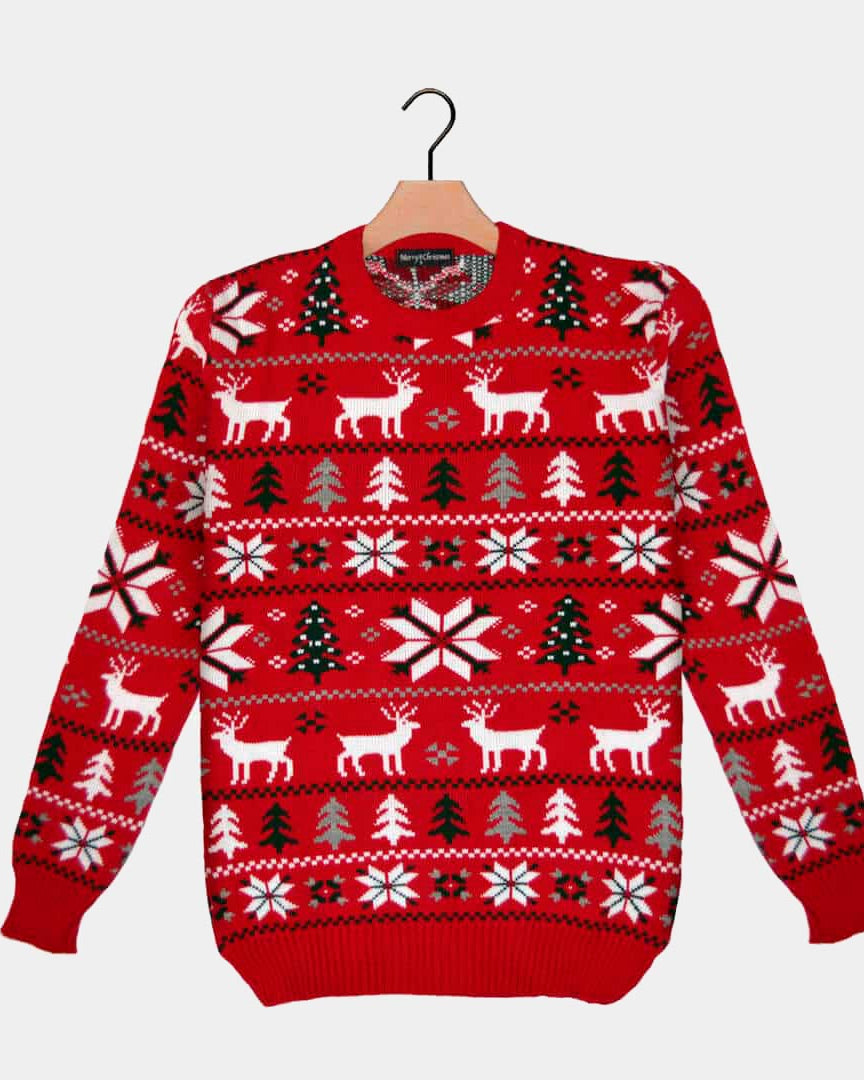 Red Christmas Jumper with Reindeers, Trees and Polar Star 2021