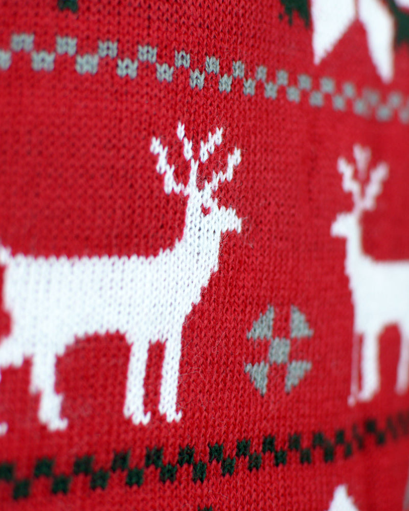Red Christmas Jumper with Reindeers, Trees and Polar Star Detail Snow