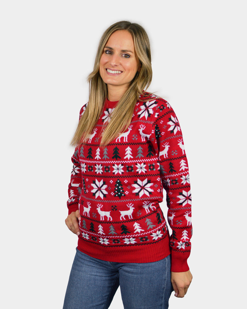 Red Christmas Jumper with Reindeers, Trees and Polar Star Womens