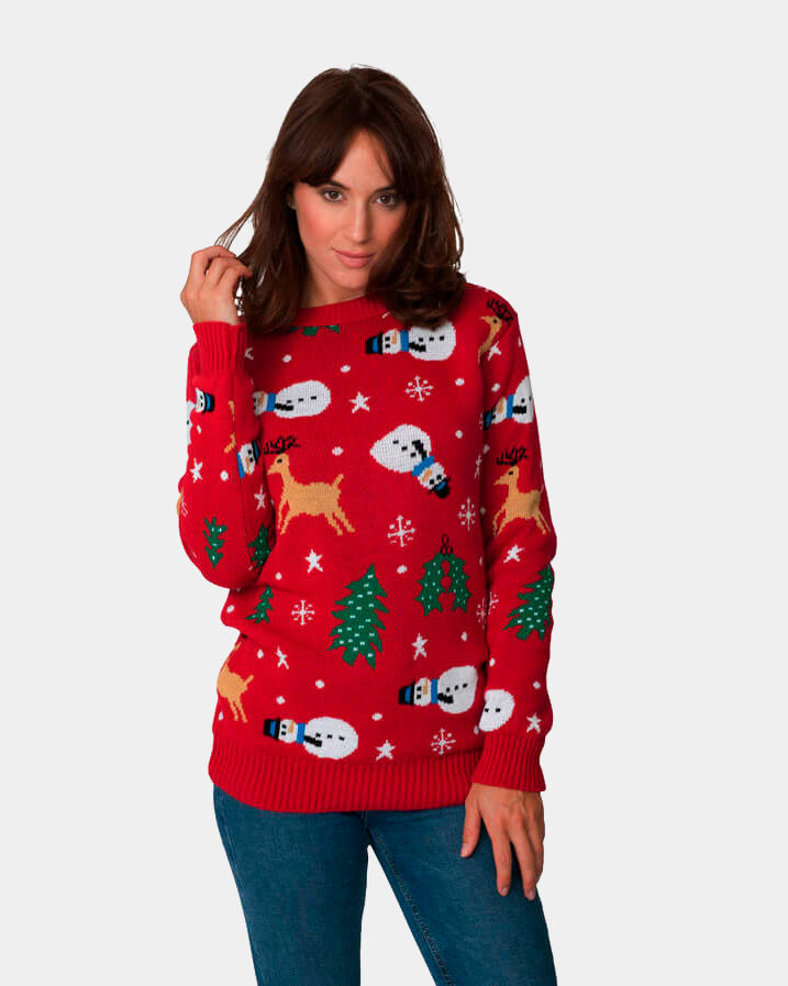 Womens Red Christmas Jumper with Santa, Trees and Snowmens