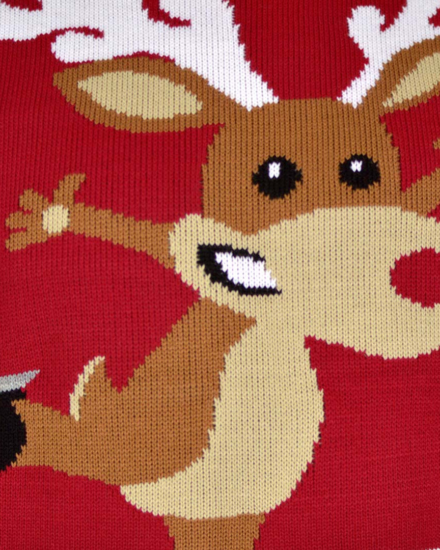 Red Christmas Jumper with Skating Reindeer Detail