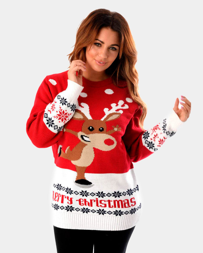 Womens Red Christmas Jumper with Skating Reindeer