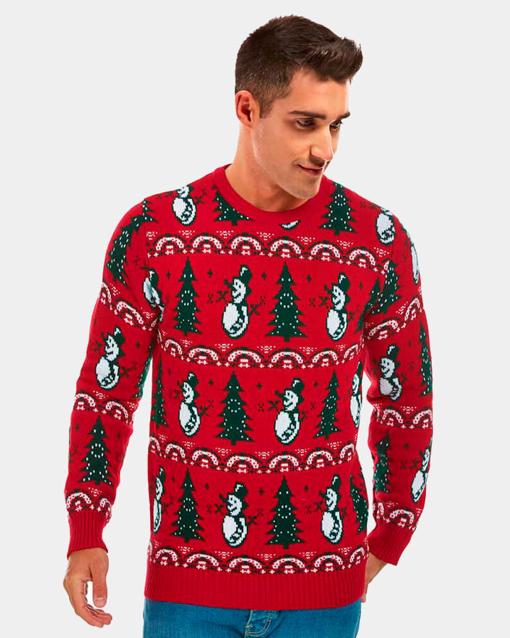 Mens Red Christmas Jumper with Trees and Snowmens