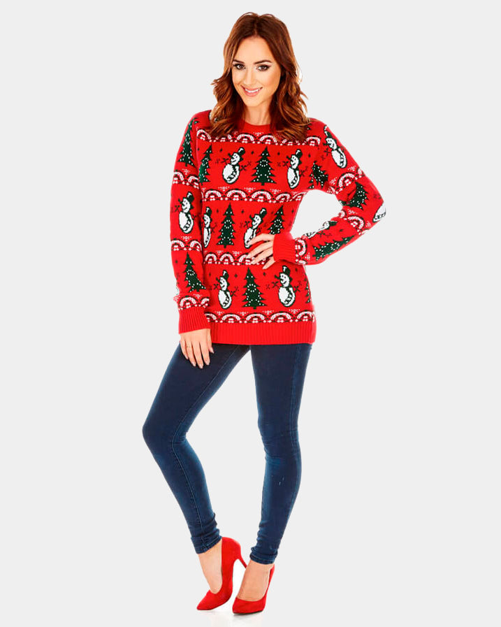 Red Christmas Jumper with Trees and Snowmens Womens