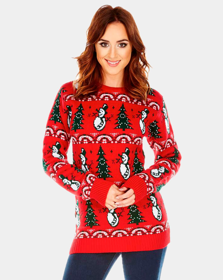 Womens Red Christmas Jumper with Trees and Snowmens